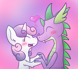 Size: 486x432 | Tagged: safe, artist:scourgesong, spike, sweetie belle, g4, blushing, female, heart, holding hands, male, ship:spikebelle, shipping, straight