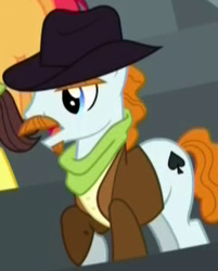 Size: 267x332 | Tagged: safe, screencap, bandana baldwin, high stakes, plateau sands, pokerhooves, earth pony, pony, appleoosa's most wanted, g4, appleloosa resident, background pony, clothes, cowboy hat, cropped, facial hair, hat, jacket, male, moustache, raised hoof, solo focus, stallion