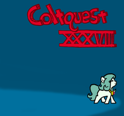 Size: 640x600 | Tagged: safe, artist:ficficponyfic, oc, oc only, oc:emerald jewel, earth pony, pony, colt quest, amulet, blank flank, child, color, colt, cute, cyoa, eyes closed, foal, logo, male, prancing, recap, title, title card, trotting