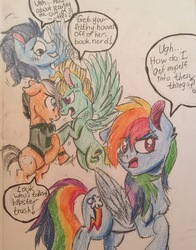 Size: 2267x2886 | Tagged: safe, artist:snowfoxythefox, quibble pants, rainbow dash, soarin', zephyr breeze, pony, g4, stranger than fan fiction, angry, annoyed, colored pencil drawing, colored sketch, eyeroll, female, fight, high res, male, rainbow dash gets all the stallions, ship:quibbledash, ship:soarindash, ship:zephdash, shipping, shipping fuel, shipping war, speech bubble, straight, traditional art