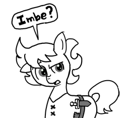Size: 640x600 | Tagged: safe, artist:ficficponyfic, oc, oc only, oc:ruby rouge, earth pony, pony, colt quest, belt, child, clothes, confused, female, filly, foal, knife, monochrome, question mark, solo focus, story included, talking, text, tomboy