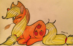Size: 1024x655 | Tagged: safe, artist:snowfoxythefox, applejack, g4, colored pencil drawing, colored sketch, female, hat, hay bale, lying down, one eye closed, smiling, solo, traditional art, wink