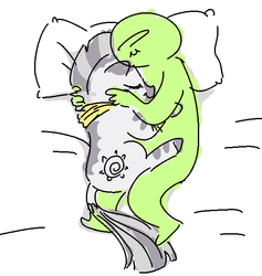 Size: 588x620 | Tagged: safe, artist:nobody, zecora, oc, oc:anon, human, pony, zebra, g4, bed, cuddling, duo, eyes closed, human on pony snuggling, pillow, sleeping, smiling, snuggling