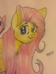 Size: 3264x2448 | Tagged: safe, artist:snowfoxythefox, fluttershy, butterfly, g4, chest fluff, colored, colored pencil drawing, colored sketch, cute, ear fluff, high res, smiling, traditional art