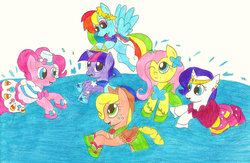 Size: 1024x669 | Tagged: safe, artist:outthereotaku, applejack, fluttershy, pinkie pie, rainbow dash, rarity, twilight sparkle, g4, clothes, cute, dress, gala dress, mane six, playing, splash, water