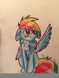 Size: 3264x2448 | Tagged: safe, artist:snowfoxythefox, derpibooru exclusive, rainbow dash, g4, blushing, chest fluff, chibi, colored, colored pencil drawing, colored sketch, cute, dashabetes, female, floppy ears, high res, smiling, solo, traditional art, wingboner, wings, young