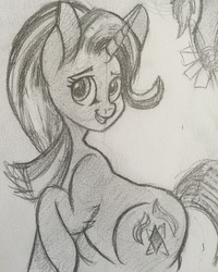 Size: 2448x3057 | Tagged: safe, artist:snowfoxythefox, starlight glimmer, g4, female, grayscale, high res, monochrome, pencil drawing, sitting, smiling, solo, traditional art