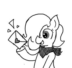 Size: 640x600 | Tagged: safe, artist:ficficponyfic, oc, oc only, oc:emerald jewel, earth pony, pony, colt quest, bandana, child, colt, cute, foal, hair over one eye, happy, heart, letter, male, monochrome, smiling, solo focus, story included