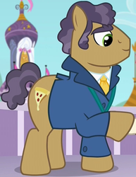 Size: 386x500 | Tagged: safe, screencap, joe pescolt, earth pony, pony, g4, princess spike, background pony, clothes, cropped, jacket, male, raised hoof, solo, stallion