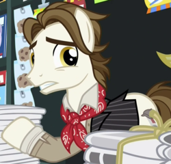 Size: 1000x958 | Tagged: safe, screencap, news flash, earth pony, pony, g4, made in manehattan, season 5, background pony, cropped, jack kelly, male, newsies, newspaper pony, stallion