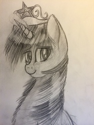Size: 3264x2448 | Tagged: safe, artist:snowfoxythefox, twilight sparkle, alicorn, pony, g4, bust, crown, element of magic, grayscale, high res, jewelry, monochrome, pencil, pencil drawing, regalia, smiling, traditional art, twilight sparkle (alicorn)