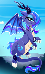 Size: 1056x1732 | Tagged: safe, artist:glittertiara, princess luna, dragon, g4, dragoness, dragonified, fangs, female, looking at you, lunadragon, solo, species swap