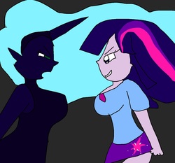 Size: 1262x1176 | Tagged: safe, artist:my little brony friend, nightmare moon, twilight sparkle, equestria girls, friendship is magic, g4, 1000 hours in ms paint, breasts, cleavage, female, looking at each other, ms paint, scene interpretation, sideboob, smiling