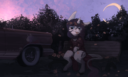 Size: 1947x1186 | Tagged: safe, artist:celestiawept, rarity, g4, bench, car, clothes, female, flower, flower in hair, lidded eyes, looking at you, sitting, solo, tongue out