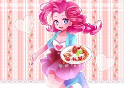 Size: 2000x1424 | Tagged: safe, artist:weiliy, pinkie pie, equestria girls, g4, anime eyes, anime style, balloon, blushing, boots, breasts, cleavage, clothes, cute, diapinkes, female, food, heart, high heel boots, pie, skirt, solo, strawberry