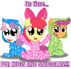 Size: 3100x3000 | Tagged: safe, artist:spellboundcanvas, apple bloom, scootaloo, sweetie belle, g4, adorabloom, bronybait, clothes, cute, cutealoo, cutie mark crusaders, diasweetes, footed sleeper, high res, imma snuggle you, pajamas