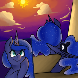 Size: 2500x2500 | Tagged: safe, artist:themodpony, princess luna, g4, cloud, commission, female, high res, hoof on cheek, solo, sun, sunrise