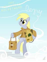 Size: 1170x1550 | Tagged: safe, artist:lightf4lls, derpy hooves, pony, g4, bag, bipedal, clothes, costume, crossover, female, jetpack, solo, the rocketeer