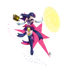 Size: 3333x3333 | Tagged: safe, artist:mauroz, twilight sparkle, human, g4, armpits, boots, clothes, cutie mark background, female, high res, horn, horned humanization, humanized, magic, magic circle, magical girl, miniskirt, pleated skirt, shoes, simple background, skirt, socks, solo, thigh boots, thigh highs, transparent background