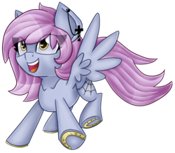 Size: 4000x3505 | Tagged: safe, artist:partypievt, oc, oc only, oc:windy spirit, pegasus, pony, collarbone, cross, ear piercing, earring, female, flying, horseshoes, jewelry, open mouth, piercing, simple background, smiling, solo, teeth, traditional art, transparent background, wingding eyes