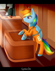 Size: 1024x1317 | Tagged: safe, artist:sparklyon3, rainbow dash, pegasus, pony, rcf community, g4, b-f16, bound wings, chains, clothes, court, courtroom, crying, cuffs, female, gavel, judge, jumpsuit, mare, prison outfit, prisoner rd, sad, shackles, solo focus, trial