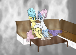 Size: 1500x1072 | Tagged: safe, artist:furor1, fluttershy, rarity, earth pony, pegasus, pony, unicorn, g4, appletini, female, food, lesbian, magic, mare, ship:flarity, shipping, spa, steam, tea, telekinesis, towel