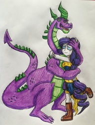 Size: 2088x2730 | Tagged: safe, artist:bozzerkazooers, rarity, spike, equestria girls, g4, female, high res, hug, macro, male, ponied up, ship:sparity, shipping, spikezilla, straight, traditional art