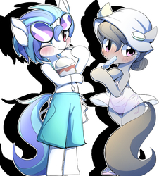Size: 1914x2116 | Tagged: safe, artist:ccc, dj pon-3, octavia melody, vinyl scratch, earth pony, pony, unicorn, semi-anthro, g4, bikini bottom, bipedal, blushing, clothes, cute, dress, food, hoof hold, ice cream, looking at you, one eye closed, see-through, shorts, simple background, smiling, sunglasses, vinylbetes, white background, wide eyes, wink