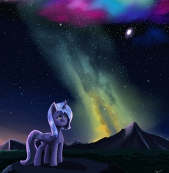 Size: 6831x7000 | Tagged: safe, artist:majorlaughmaster, princess luna, g4, absurd resolution, aurora borealis, female, filly, galaxy, night, s1 luna, solo, starry night, stars, woona, younger