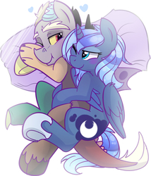 Size: 1700x1987 | Tagged: safe, artist:elementalokami, artist:php166, discord, princess luna, g4, base used, blushing, cuddling, female, male, s1 luna, ship:lunacord, shipping, spooning, straight