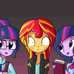 Size: 1280x1280 | Tagged: safe, artist:tjpones edits, edit, editor:dsp2003, sci-twi, sunset shimmer, twilight sparkle, equestria girls, g4, blushing, book, clothes, crystal prep academy uniform, female, lesbian, male, platonic, school uniform, ship:sci-twishimmer, ship:sunset twiangle, ship:sunsetsparkle, shipping, sweat, textless, the simpsons, twilight sparkle (alicorn), twolight