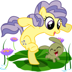 Size: 3000x3000 | Tagged: safe, artist:sunley, brandy, lemon drop, dog, earth pony, pony, g1, g4, duo, female, g1 to g4, generation leap, lilypad, mare, pup, puppy, simple background, transparent background, waterlily
