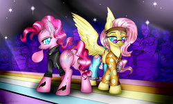 Size: 1024x614 | Tagged: safe, artist:absolitedisaster08, artist:tsitra360, fluttershy, pinkie pie, pony, g4, bubblegum, butt, clothes, duo, fashion show, food, gum, plot, scar