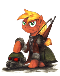 Size: 1963x2500 | Tagged: safe, artist:jamescorck, applejack, g4, armor, clothes, commission, crossover, fallout, fallout: new vegas, helmet, ncr ranger, sitting