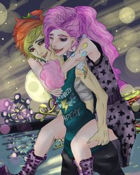 Size: 799x999 | Tagged: safe, artist:alanciel, pinkie pie, rainbow dash, human, g4, cutie mark, female, humanized, lesbian, piggyback ride, ship:pinkiedash, shipping