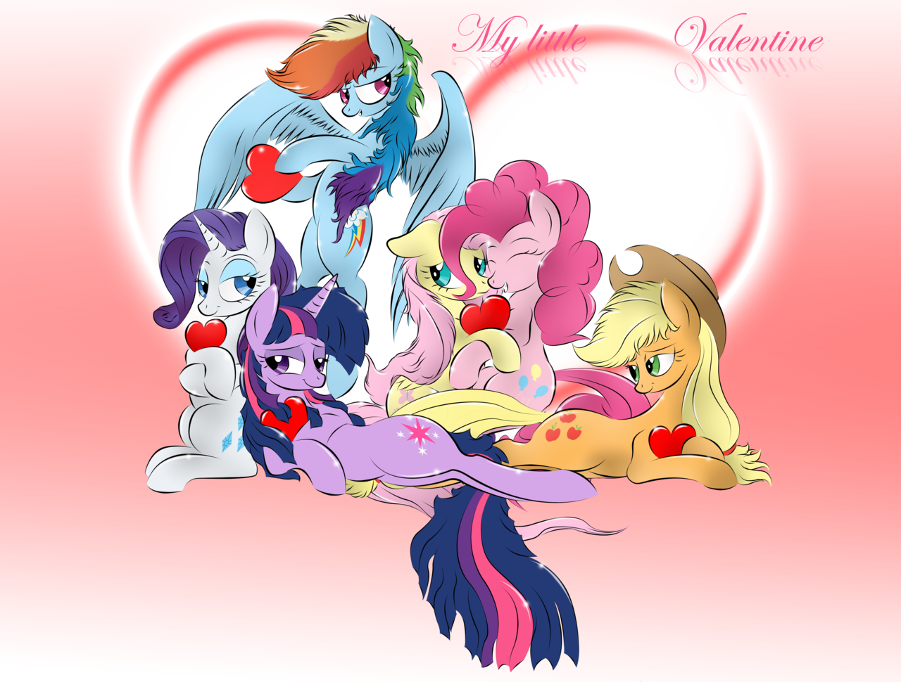 safe, artist:v-d-k, applejack, fluttershy, pinkie pie, rainbow dash, rarity...