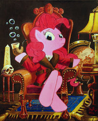 Size: 1024x1266 | Tagged: safe, artist:j-w-white, pinkie pie, g4, bubble pipe, bust, chair, clothes, female, globe, painting, pipe, portrait, robe, skull, smoking jacket, solo, traditional art