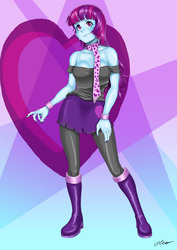 Size: 4133x5846 | Tagged: safe, artist:oliver-el-mediocre, mystery mint, equestria girls, g4, abstract background, absurd resolution, background human, boots, breasts, clothes, female, heart, high heel boots, latex, latex boots, leggings, nail polish, scarf, shoes, signature, skirt, solo