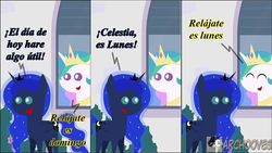Size: 720x405 | Tagged: safe, artist:archooves, princess celestia, princess luna, g4, comic, spanish, translated in the comments