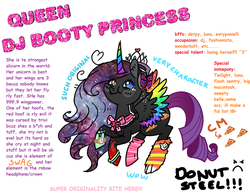 Size: 1024x796 | Tagged: safe, artist:kyaokay, oc, oc only, oc:queen dj booty princess, alicorn, butterfly, cat, pony, seraph, :t, alicorn oc, blue eyes, bow, bracelet, clothes, colored horn, colored wings, colored wingtips, comic sans, crown, cursed hoof, curved horn, doge, donut steel, ear fluff, female, flying, food, galaxy mane, grammar error, headphones, heart, heterochromia, horn, implied big macintosh, implied derpy, implied flash sentry, implied princess luna, implied sweetie belle, implied trixie, implied twilight sparkle, intentional grammar error, jewelry, joke oc, lip bite, looking at you, looking up, mare, mary sue, meat, multicolored horn, multicolored wings, multiple wings, original character do not steal, pepperoni, pepperoni pizza, pizza, rainbow horn, rainbow wings, regalia, rolex watch, simple background, smiling, socks, solo, spread wings, starry wings, striped socks, swag, text, tiara, wall of tags, watch, white background, wingding eyes, wings, yellow eyes