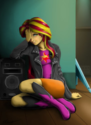 Size: 2400x3300 | Tagged: dead source, safe, artist:oliver-el-mediocre, sunset shimmer, equestria girls, g4, amplifier, boots, clothes, crying, cutie mark on clothes, electric guitar, female, flying v, guitar, high res, jacket, leather jacket, musical instrument, rock (music), sad, shoes, skirt, solo