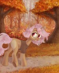 Size: 2000x2500 | Tagged: safe, artist:milka-pony, oc, oc only, pony, unicorn, autumn, clothes, forest, high res, path, shirt, solo, tree