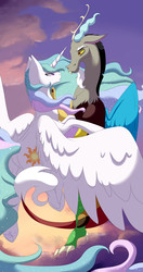 Size: 2147x4065 | Tagged: safe, artist:twigpony, discord, princess celestia, g4, cloud, female, flying, hug, looking at each other, male, ship:dislestia, shipping, spread wings, straight, wings