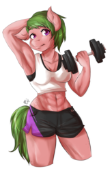 Size: 629x961 | Tagged: safe, artist:skrilby, oc, oc only, anthro, abs, anthro oc, armpits, clothes, midriff, muscles, shorts, solo, sports bra, sports shorts, tank top, weight