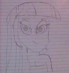 Size: 435x460 | Tagged: safe, artist:jmaster99, twilight sparkle, equestria girls, g4, female, grayscale, humanized, lidded eyes, lined paper, monochrome, solo, traditional art