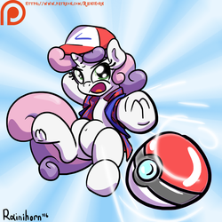 Size: 1600x1600 | Tagged: safe, artist:rainihorn, sweetie belle, g4, belly button, clothes, cosplay, costume, crossover, female, open mouth, patreon, patreon logo, poké ball, pokémon, pokémon trainer, solo, underhoof