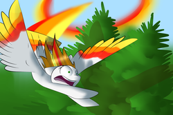 Size: 3200x2132 | Tagged: safe, artist:bravefleet, oc, oc only, oc:brave fleet, pegasus, pony, eyes open, fast, flying, flying fail, flying fast, high res, scared, solo, sonic boom, sonic rainboom, tail feathers, tree, wings