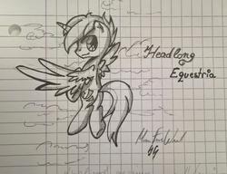 Size: 1200x922 | Tagged: safe, artist:wavecipher, oc, oc only, oc:headlong flight, alicorn, pony, alicorn oc, graph paper, horn, lined paper, sketch, solo, traditional art, wings