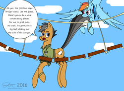 Size: 3000x2200 | Tagged: safe, artist:derpanater, quibble pants, rainbow dash, g4, stranger than fan fiction, annoyed, digital art, high res, rope bridge, sarcasm, sky, spoiler, tail, tail pull, text