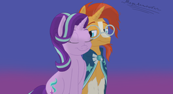 Size: 4208x2291 | Tagged: safe, artist:megaanimationfan, starlight glimmer, sunburst, g4, cute, female, male, ship:starburst, shipping, signature, snuggling, straight